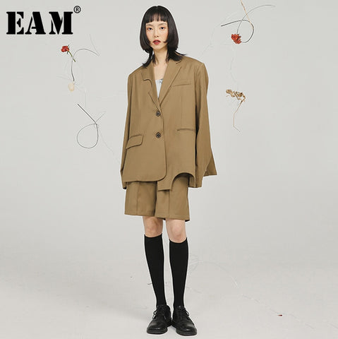 [EAM]  Women Brown Round Hem Split Big Szie Blazer New Lapel Long