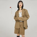 [EAM]  Women Brown Round Hem Split Big Szie Blazer New Lapel Long