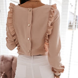 Women Ruffles White Back Buttons OL Blouse O-Neck Long Sleeve Solid