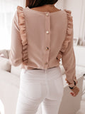 Women Ruffles White Back Buttons OL Blouse O-Neck Long Sleeve Solid