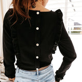 Women Ruffles White Back Buttons OL Blouse O-Neck Long Sleeve Solid