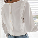Women Ruffles White Back Buttons OL Blouse O-Neck Long Sleeve Solid